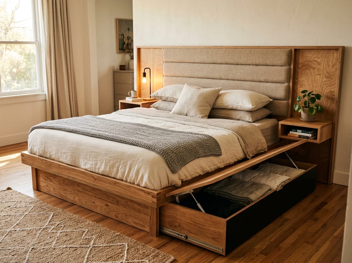 Custom king size plywood bed with hydraulic lift storage Bangalore