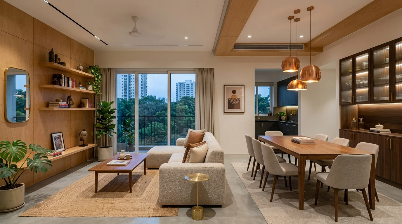 Custom plywood interior in Bangalore apartment with bespoke cabinetry and warm lighting