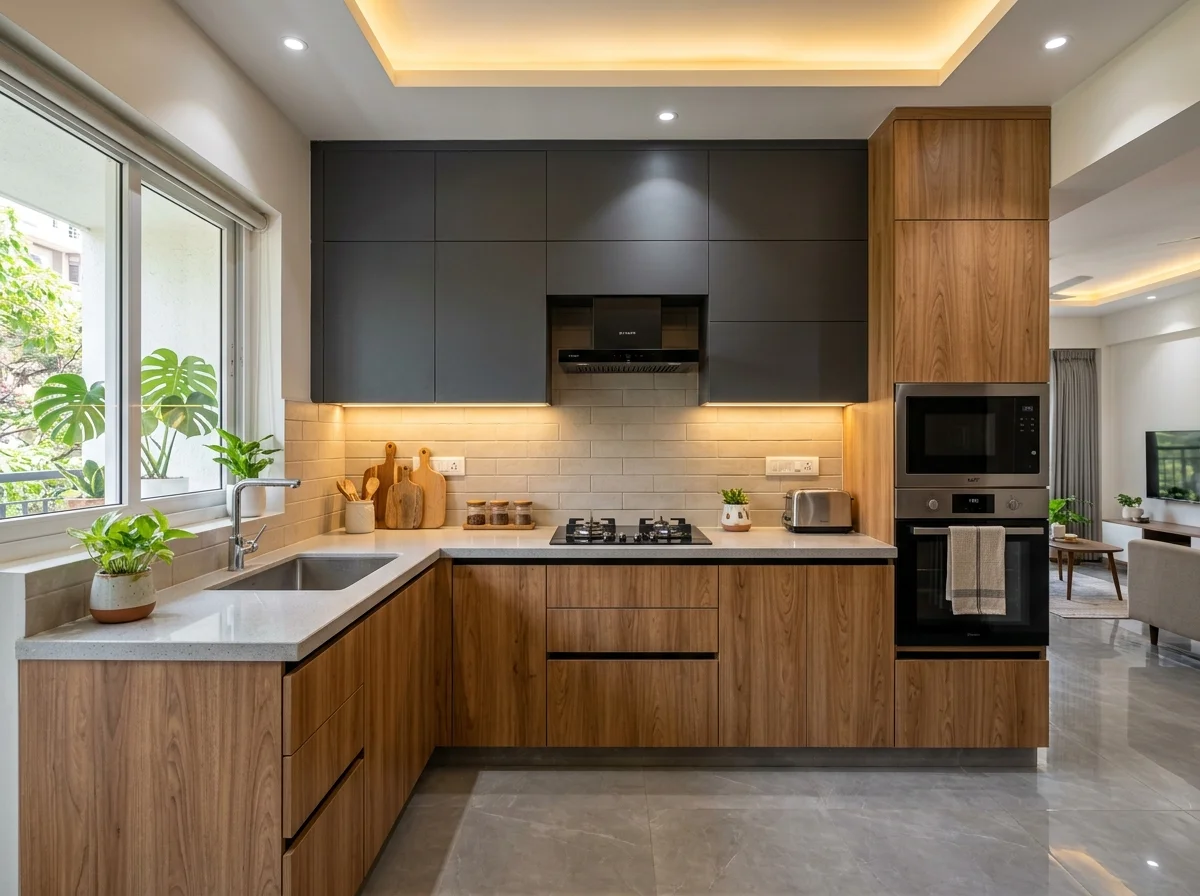 Modular kitchen made with plywood in Bangalore home