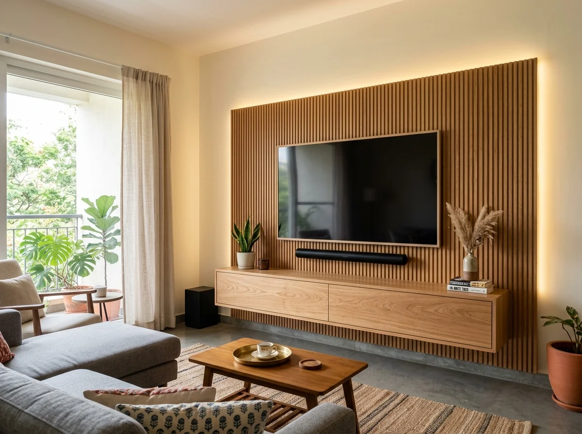 Plywood TV unit with fluted back panel and hidden wiring Bangalore