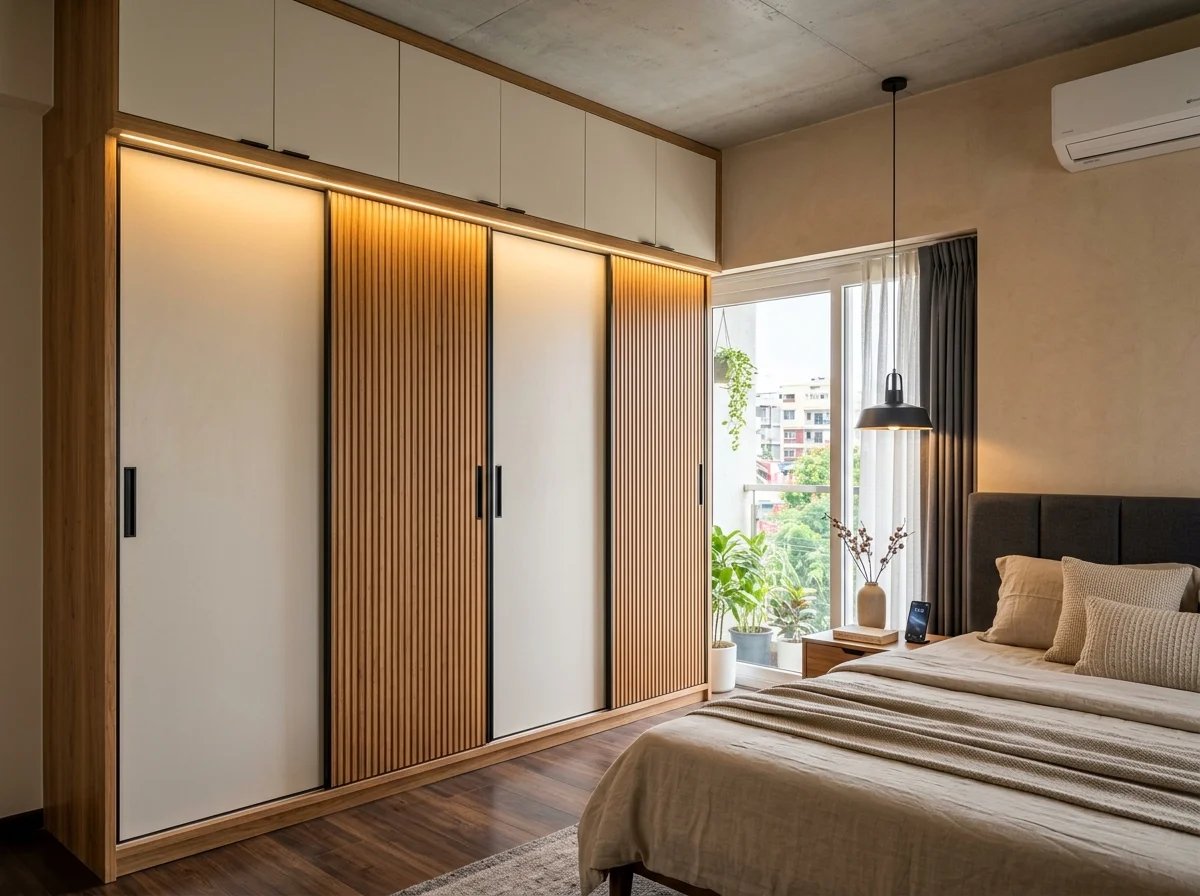 Custom wardrobe with sliding door built on-site in Bangalore